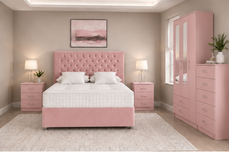 pink_top_left Contemporary Double Bed Furniture Collection with 3 Door Wardrobe and 5 Drawer Chest - Image 1
