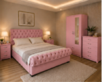 Stylish Pink Bed Furniture Set – 2 Door Mirror Wardrobe with Bottom Drawers, Chest of Drawers & Twin Bedside Cabinets