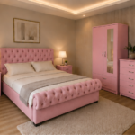 Stylish Pink Bed Furniture Set – 2 Door Mirror Wardrobe with Bottom Drawers, Chest of Drawers & Twin Bedside Cabinets