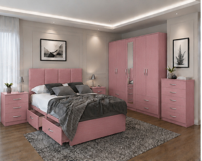 pink_top_left Master Pink Bedroom Set- 5 Door Wardrobe, Bed, Bed Side Tables & Chest - Image 1