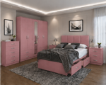 Master Pink Bedroom Set- 5 Door Wardrobe, Bed, Bed Side Tables & Chest - Image 2