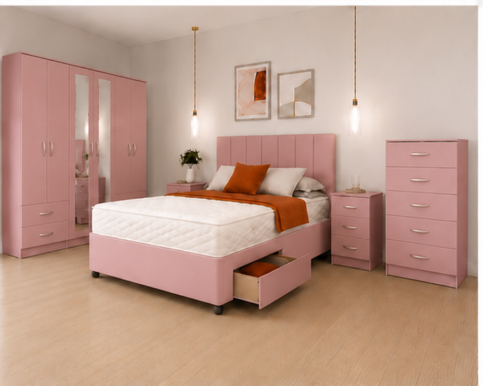 Elegant King Size Bed Package – Six Door Mirror Wardrobe – Five Drawer Chest – Matching Bedside Tables