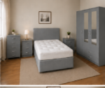 3 Door Mirror Grey Wardrobe Bedroom Set - Chest of Drawers & Bedside Tables