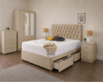 Modern Bedroom Beige Furniture Set - Mirror Wardrobe & Drawer Storage Bed - Image 2