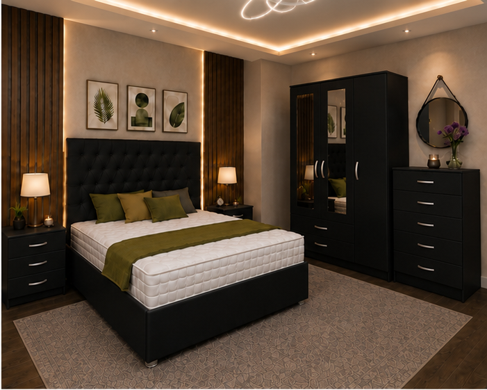 Modern Luxury 3 Door Wardrobe Bedroom Set - Chest of Drawers and Side Tables
