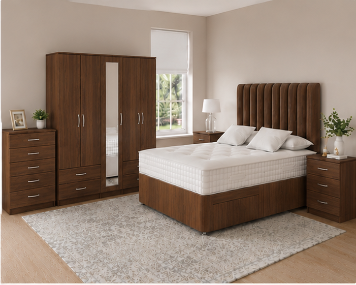 right_view(2) Complete Family Bedroom Package – Walnut Color Bed, Chest Of Drawers, Wardrobe - Image 1