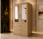 Modern Light Brown 2 Door Mirrored Wardrobe with 3 Drawers - Image 2