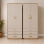 Modern Family Size 4 Door Wardrobe Storage Cabinet Silk with Oak colors - Modern 4 Door Wardrobe with 6 Bottom Drawers - Stylish 4 Door Storage Wardrobe Cabinet