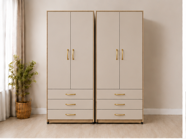 silk_oak_front_view (2) Modern Family Size 4 Door Wardrobe Storage Cabinet Silk with Oak colors - Modern 4 Door Wardrobe with 6 Bottom Drawers - Stylish 4 Door Storage Wardrobe Cabinet - Image 1