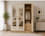 3 Door Wardrobe with 2 Long Mirror – Large Bedroom Storage Cabinet, Hanging Space & Shelves, Modern Wooden Closet Organizer - Image 3