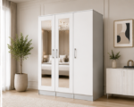 Deluxe 3 Door Wardrobe with Hanging Space in silver with white colors wardrobe - Classic Three Door Bedroom Wardrobe with Twin Mirrors - Image 2