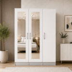 Deluxe 3 Door Wardrobe with Hanging Space in silver with white colors wardrobe - Classic Three Door Bedroom Wardrobe with Twin Mirrors
