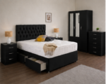 Complete Black Bedroom Set | 3 Door Mirror Wardrobe with Storage Bed