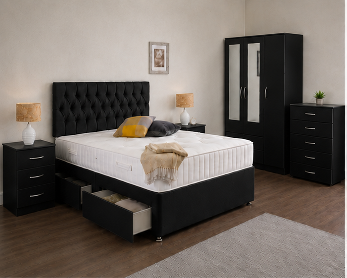 top_left (1) Complete Black Bedroom Set | 3 Door Mirror Wardrobe with Storage Bed - Image 1