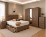 Contemporary Double Bed Furniture – Five Door Wardrobe with Full Length Mirror, Four Bottom Drawers, Chest of Five Drawers & Bed Side Tables - Image 3