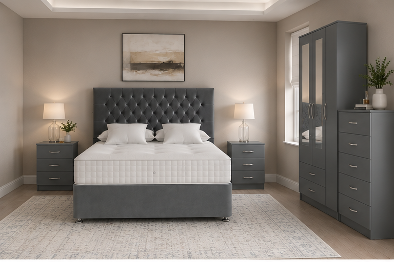 top_left Complete Bedroom Furniture Package - King Size Bed - 3 Door Mirror Wardrobe With Two Bottom Drawers - Five Drawer Chest - Two Bedside Tables - Image 1