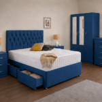 Contemporary Blue Bedroom Suite | Mirror Wardrobe, Bedside Tables & Bed