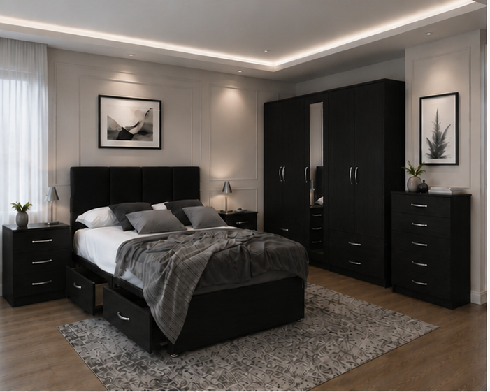 Designer Black Color Bedroom Collection -  Modern Storage Wardrobe, Bed , Chest