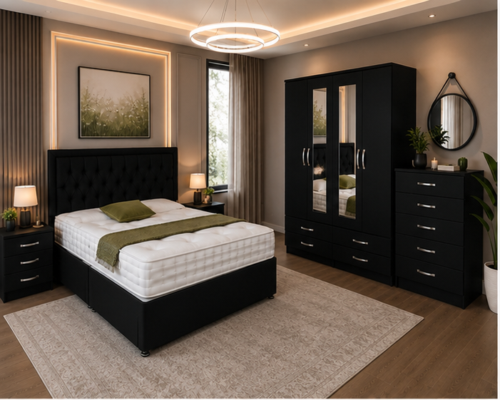 top_left(2) Luxury 4 Door Bedroom Set with Bed, Side Tables & Chest of Drawers - Image 1