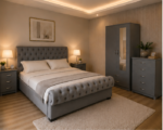 Premium Grey Double Bedroom Furniture Collection – Double Bed, Mirrored 2 Door Wardrobe, 5 Drawer Chest & Matching Bedside Tables