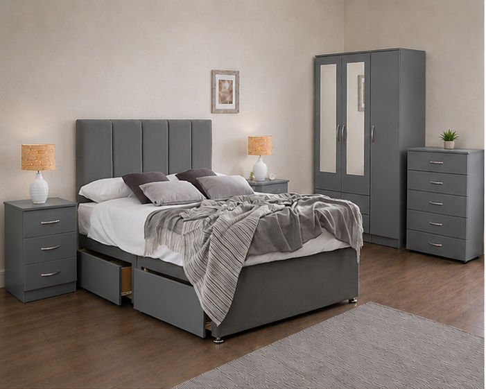 top_left(2) Storage Grey Bedroom Furniture Set - 3 Door Wardrobe with Drawer Bed, Bed Side tables & Chest of drawers - Image 1