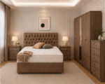 Contemporary Double Bed Furniture – Five Door Wardrobe with Full Length Mirror, Four Bottom Drawers, Chest of Five Drawers & Bed Side Tables