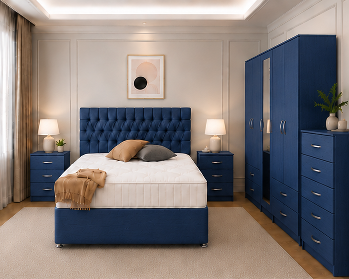 Complete Home Bedroom Package with Wardrobe and Drawer Combination in Blue colors