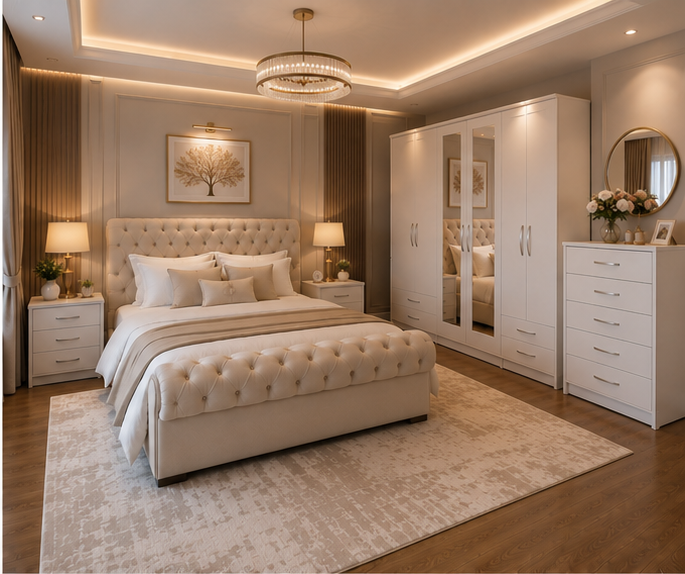 Luxury 6 Door Wardrobe Bedroom Furniture Set with Chest of Drawers & Bedside Tables