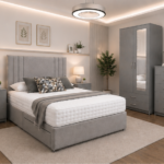 Elegant Complete Grey Bedroom Furniture Set - Modern Bed, 2 Door Mirror Wardrobe & Side Tables
