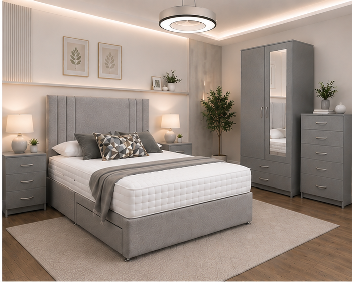 top_right (4) Elegant Complete Grey Bedroom Furniture Set - Modern Bed, 2 Door Mirror Wardrobe & Side Tables - Image 1