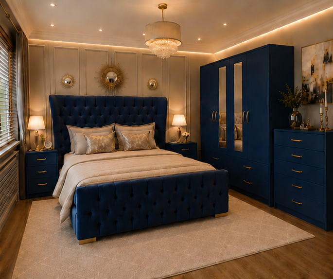 top_right (4) Premium Navy Blue Bedroom Set – 4 Door Wardrobe, Bedside Tables & Chest of Drawers - Image 1