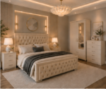 Modern Tufted Bedroom Furniture Set –  2 Door Wardrobe & Chest of Drawers, Side Tables