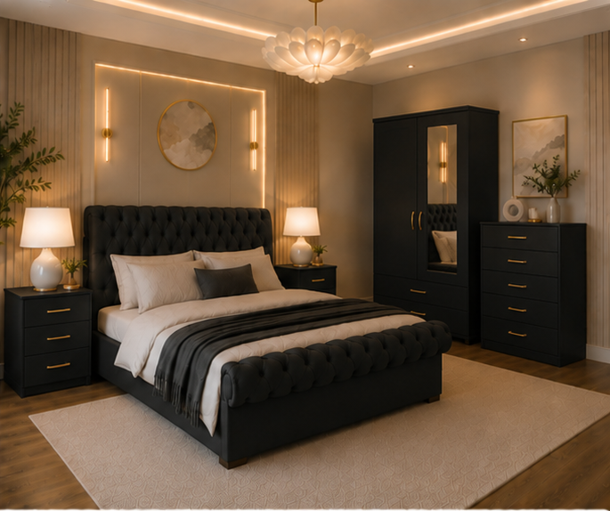 top_right (6) Designer Bedroom Furniture Set with Storage Wardrobe and Side Tables - Image 1