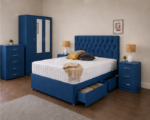 Contemporary Blue Bedroom Suite | Mirror Wardrobe, Bedside Tables & Bed - Image 2