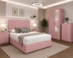 Stylish Home Pink Bedroom Set - Bed, Mirror Wardrobe , Bedside Tables Storage & Modern Look