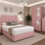 Stylish Home Pink Bedroom Set - Bed, Mirror Wardrobe , Bedside Tables Storage & Modern Look