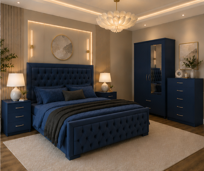 top_right(1) Luxury Bed Set with 2 Door Wardrobe, 5 Drawer Chest & Side Tables - Image 1