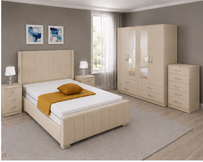 Contemporary Beige Bedroom Set - Complete Setup with 4-Door Wardrobe