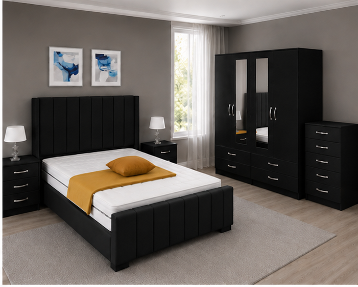 top_right_black Perfect Black Bedroom Setup - Bed Set with Wardrobe, Chest of Drawers & Side Tables - Image 1