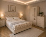 Modern Home Bedroom Set – Double Bed, 2 Door Mirrored Wardrobe with Storage Drawers, 5 Drawer Chest & Side Tables