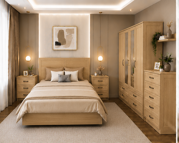Elegant oak Bedroom Set Including Wardrobe, Chest of drawers & Bedside tables