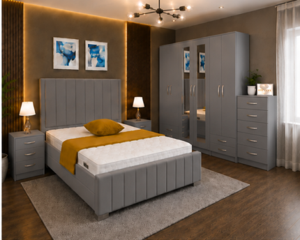 Luxury 6-Door Mirrored Grey Wardrobe Bedroom Furniture Set - with Bedside Tables & Chest of Drawers