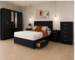 Premium Bedroom Furniture Collection – King Size Bed with Storage – Mirrored Wardrobe – 5 Drawer Chest – Bedside Units