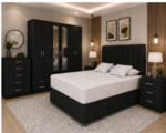 Complete King Size Bedroom Suite – Storage Bed – 6 Door Mirrored Wardrobe – 5 Drawer Chest – Twin Bedside Cabinets