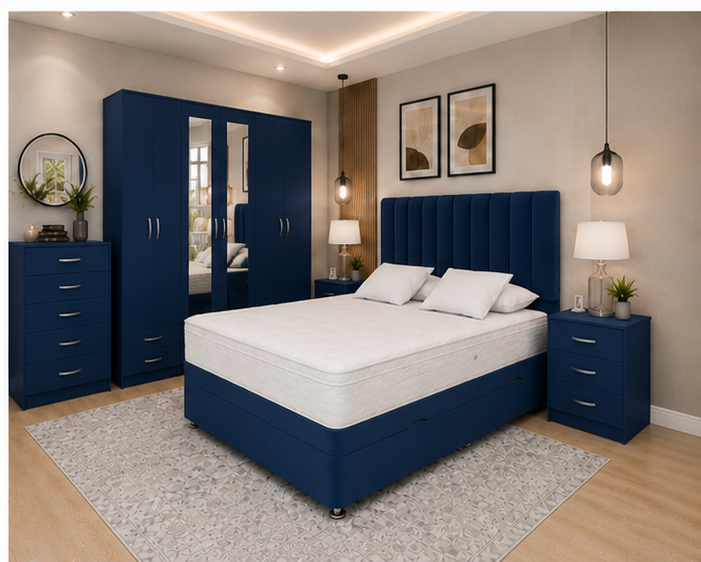 view_4_bottom_right (1) Complete King Bedroom Set – Six Door Mirrored Wardrobe with Four Drawers – Chest of Five Drawers – Two Bedside Tables - Image 1