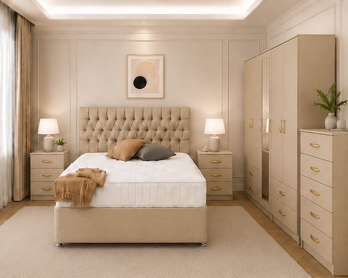 Premium Bedroom Suite with Large Wardrobe and Matching Storage Furniture in beige colors
