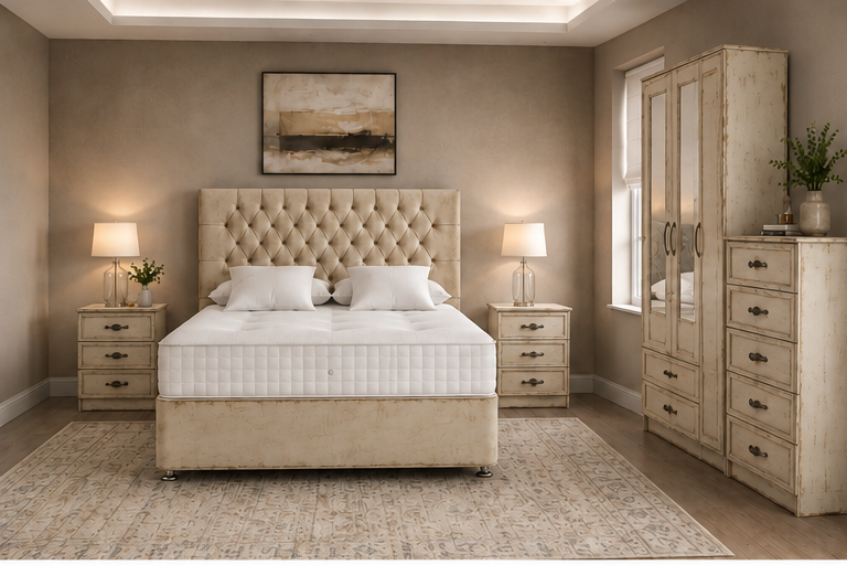 vintage_top_left Stylish Master Bedroom Set Featuring Double Bed, 3 Door Wardrobe and Bedside Cabinets - Image 1