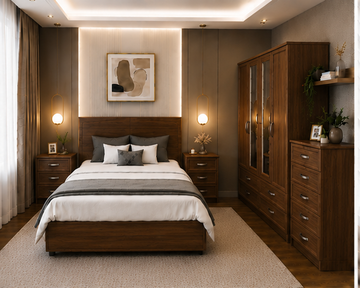 Premium walnut 4 Door Wardrobe Set with Matching Chest of Drawers and Side Tables