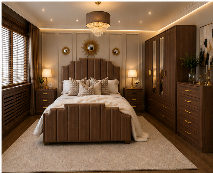 walnut_bed_angle_4 Elegant Bedroom Furniture Set with Large Storage 4 Door Wardrobe - Image 1