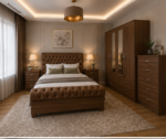 Elegant Walnut Complete Bedroom Collection with Storage_4 Door Wardrobe, Side Tables and Drawer Chest - Image 3